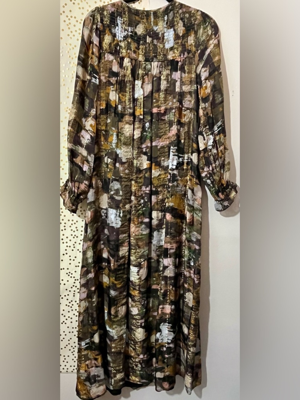 Anthropologie Multicolor Metallic Gold Long Sleeve Maxi Dress size Medium - Picture 2 of 12